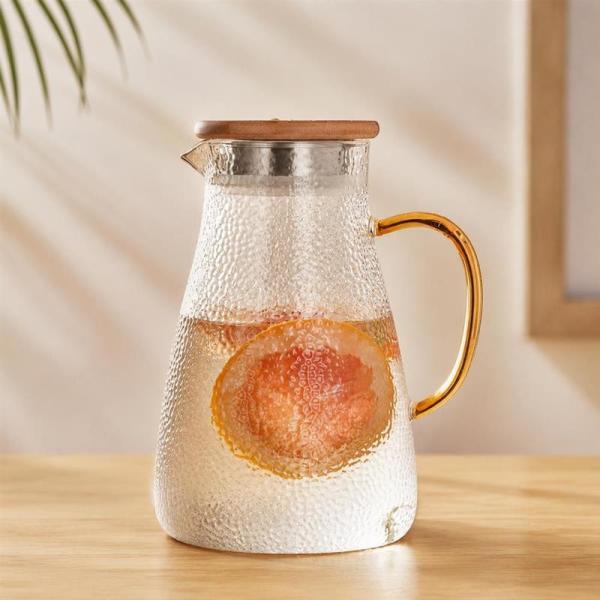 ガラスピッチャー 耐熱 ガラスポット 直火対応 麦茶ポット 竹製蓋 大容量 1.5L 冷水筒 水差し ティーポット ハンマー紋 おしゃれ