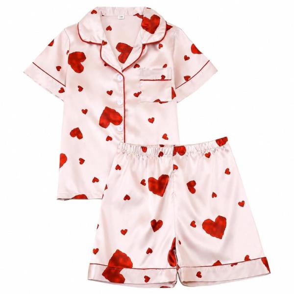 キッズ パジャマ 半袖 女の子 ゆったり ルームウェア 上下セット 子供服 前開き サテン調 ハート柄 薄手 襟付き ショートパンツ