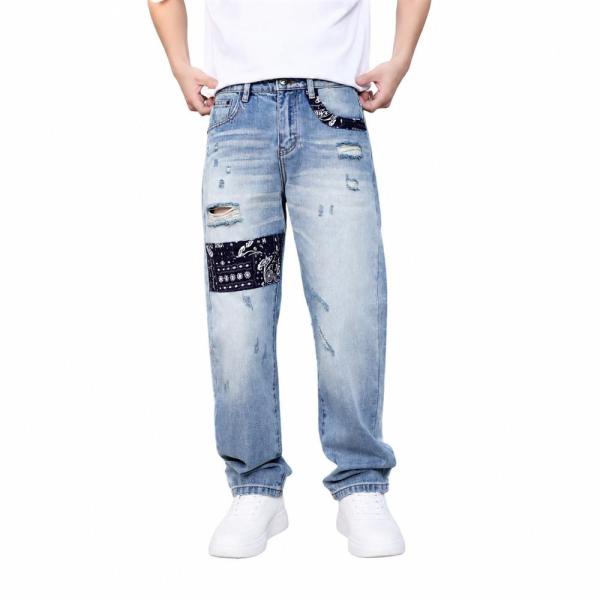 デニムパンツ メンズ ジーンズ ダメージジーンズ クラッシュデニム ストレート ペイズリー柄 パッチワーク バンダナ柄 ロングパンツ 美脚