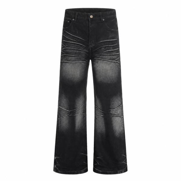 ジーンズ メンズ デニムパンツ ワイドパンツ ヴィンテージ加工 ジーパン ストリート系 ひげ加工 カジュアル ロング ボトムス