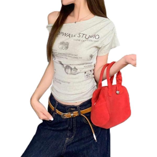 tシャツ レディース 半袖 ワンショルダー アシンメトリー 猫柄 トップス ショート丈 タイト スリム 着痩せ 半袖tシャツ カットソー