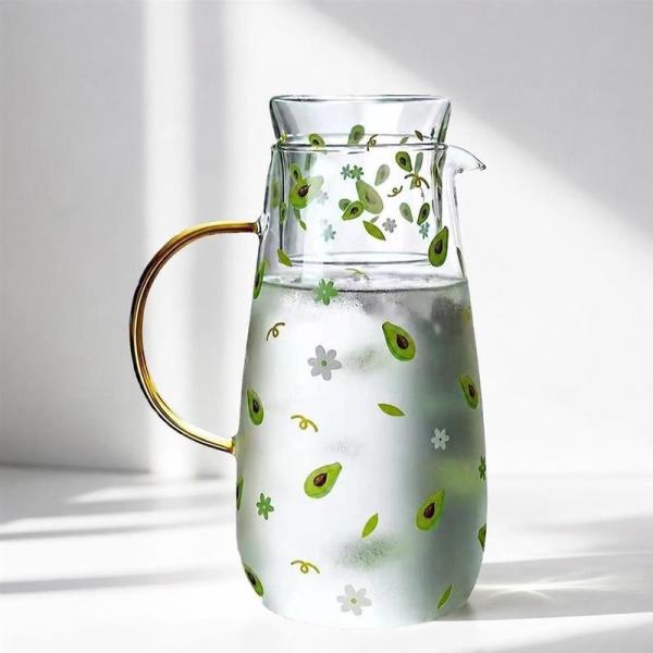 冷水筒 耐熱ガラス ピッチャー コップ付き カラフェ おしゃれ 麦茶ポット かわいい アボカド柄 水差し 大容量 一人用 ベッドサイド