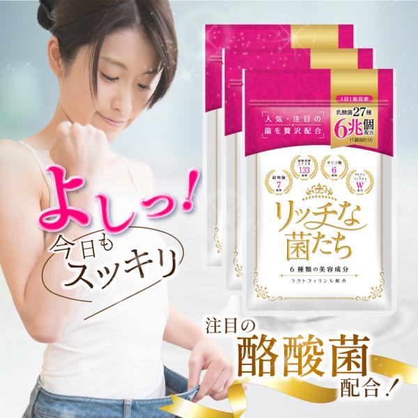 27種6兆個 乳酸菌配合 サプリメント リッチな菌たち3袋セット スッキリ ダイエット キレイ 酪酸菌 コンブチャ 穀物麹 オリゴ糖 キトサン 国産 爆買
