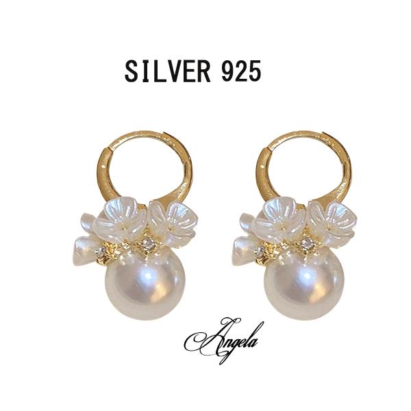 ピアス レディース フープピアス パール 華 フラワー 花  ループピアス CZダイヤモンド 両耳2個セットピアス アレルギー対応 18金 アクセサリー