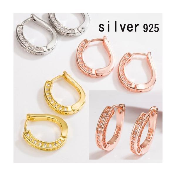 ピアス レディース フープピアス ループピアス 金属アレルギー対応 両耳2点 18K シルバー925 CZダイヤモンド ループ 中折れ 楕円 ゴールド