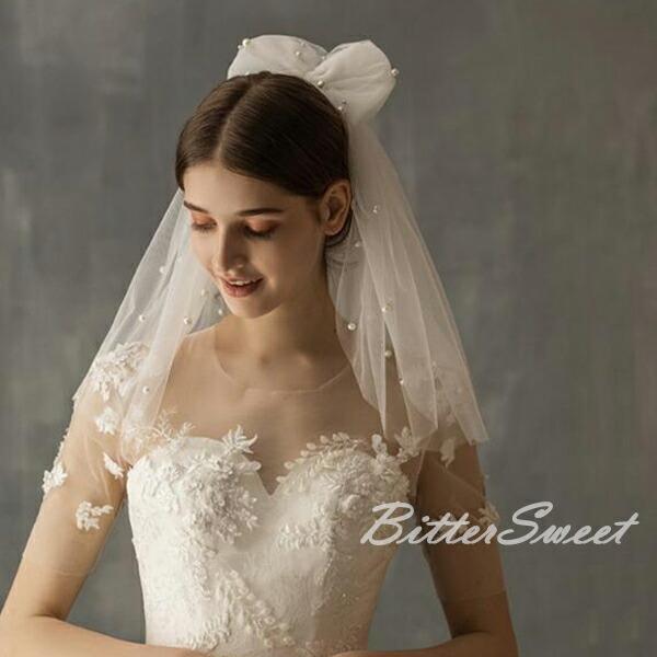 ミニベール 結婚式 髪飾り コサージュ ウェディングベール ウエディングベール レース 初回限定 パール ２層 Ts53jd コーム付き 長さ は40cm