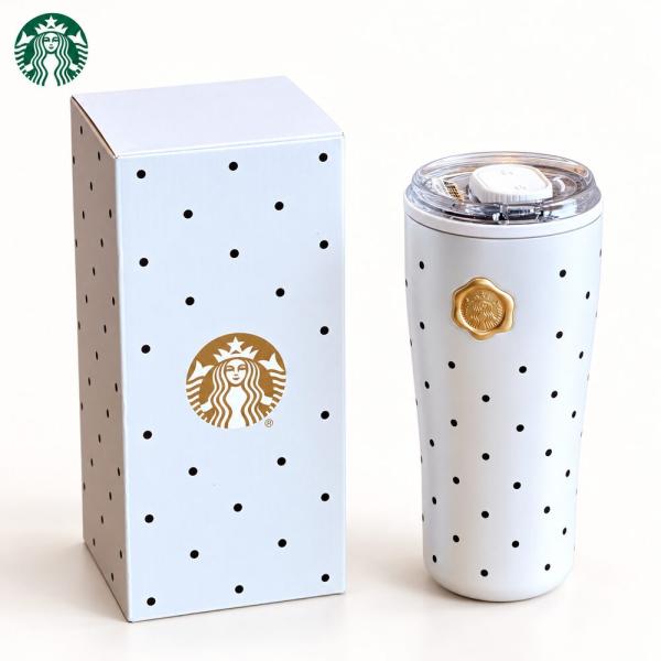 2026新作！保証付 返品OK 海外限定 Starbucks スターバックス ドット柄 ステンレスデスクタンブラー 620ml ホワイト ブラック ゴールド 水筒 スタバ 正規品