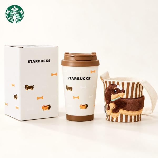 2026新作！保証付 返品OK 海外限定 Starbucks カップスリーブ付 ダックスフンド ステンレス タンブラー 380ml  スターバックス 水筒 保温保冷 愛犬 犬好きスタバ
