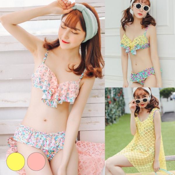 水着 タンキニ フリル スクエアネック 立体花 バイカラー 水着 レディース タンキニ 体型カバー ビキニ 花柄 パステル柄 4