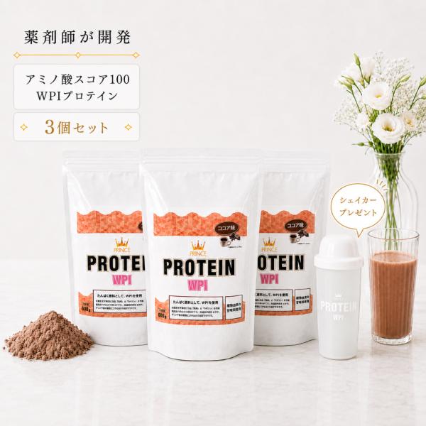 プリンスプロテインWPI 600g ×3袋 ホエイプロテイン アミノ酸スコア100 砂糖不使用 ココア味 オランダ産 ココアパウダー ステビア 乳糖 カゼイン 除去