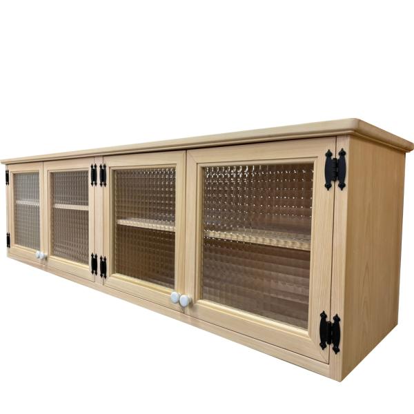 吊り戸棚 無塗装白木 チェッカーガラス 140×35×40cm 隙間桟あり 黒蝶番