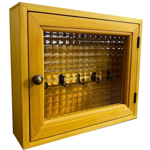 キーボックス 30×7×25cm ナチュラル チェッカーガラス 真鍮つまみ 玄関収納 鍵収納 内側蝶番 フック10個 木製 ひのき ハンドメイド 受注製作