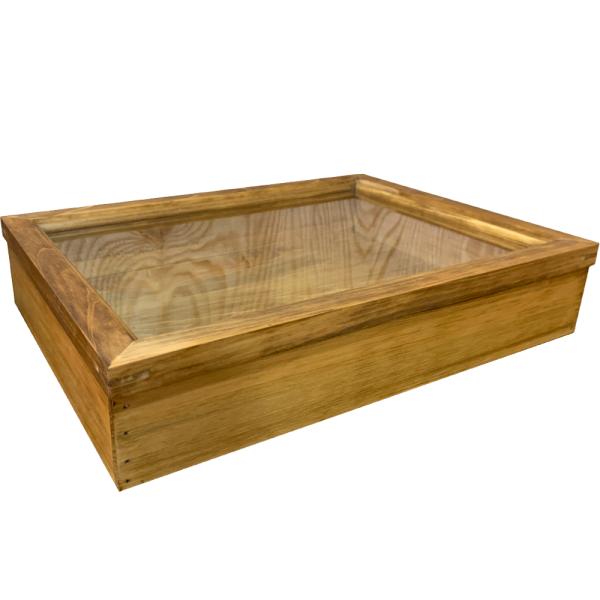 コレクションケース アンティークブラウン 41×30×8cm 透明ガラス つまみなし ひのき 木製 ハンドメイド 受注製作