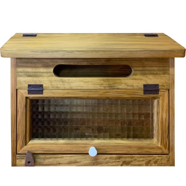早め発送 ポスト 横型 チェッカーガラス アンティークブラウン 37×14×30cm フラットタイプ 郵便受け 木製 ひのき ハンドメイド