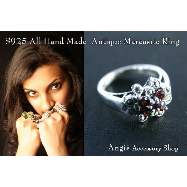 シルバー925 マーカサイト アンティークリング ガーネットグラス お