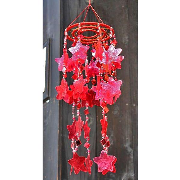 星型の貝とミラーの風鈴 レッド 売買 シェルの風鈴 アジアン雑貨 バリ雑貨 エスニック アジアンインテリア タイ