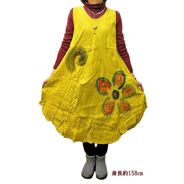 レディース 花柄プリント ワンピース ノースリーブ イエロー Mサイズ 着丈110 115cm アジアンファッション アジアン