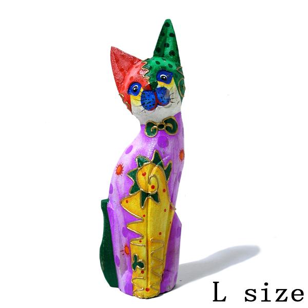 木製 バリ ネコ カラフル ［25cm］ 単品 木彫り インテリア 猫 置物