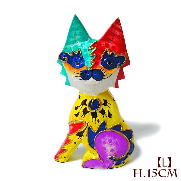 木製 バリ ネコ カラフル 15cm Lサイズ 単品 木彫り インテリア 猫