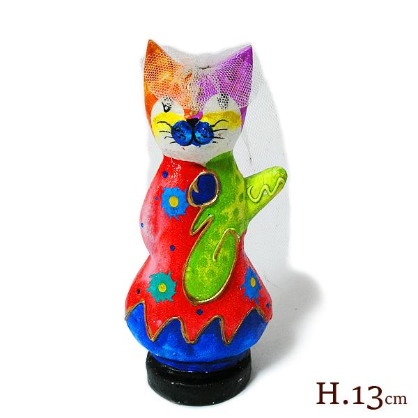 木製 バリ ネコ カラフル 13cm パープル 単品 木彫り インテリア 猫