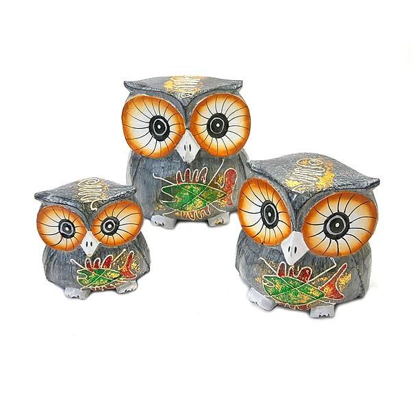 フクロウ インテリア 置物 木彫り ふくろう 木製 カラフル グレー 3点セット A バリ タイ 卓上 彫刻 小物 オブジェ 雑貨 玄関 アジアン 正規品スーパーsale 店内全品キャンペーン