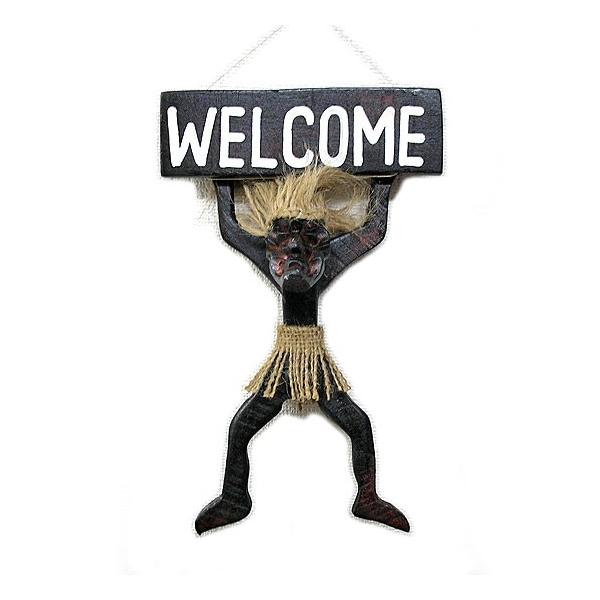 木彫りの原人 Welcome プレート 26cm アジアン雑貨 バリ タイ