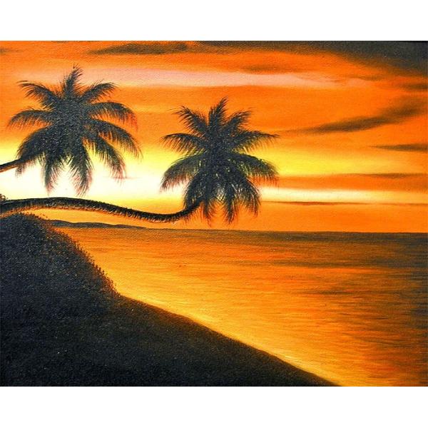 M Santo 椰子の木とサンセットビーチ バリアート 絵画 L 横 完売 額横約63cmｘ縦53 5cm エスニック バリ 壁掛け インテリア おしゃれな 風景画 アジアン