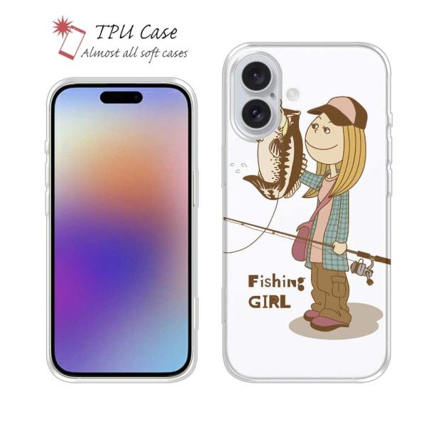 スマホケース ソフトケース TPU 釣りガール イラスト ブラックバス 魚 釣り ルアー iPhone18 Pro Max iPhone 17e 16e Xperia Galaxy AQUOS Pixel