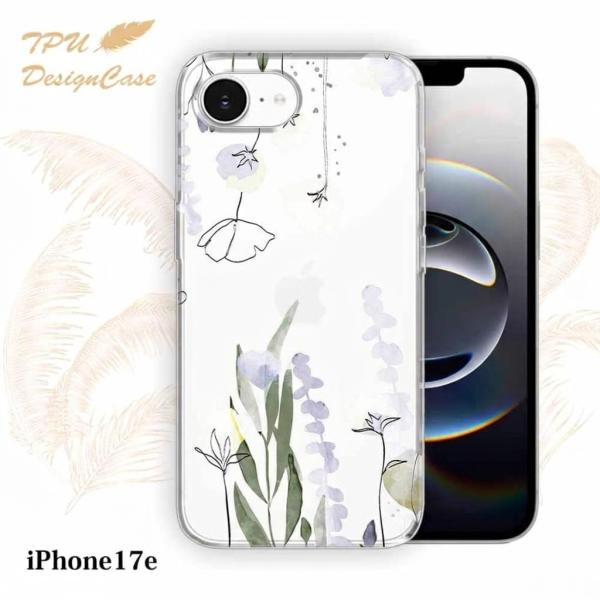 iPhone17e ケース デリケートペイント グリーン 花柄 クリア 透明 ソフト TPU アイフォン17e カバー フラワー おしゃれ 耐衝撃 かわいい