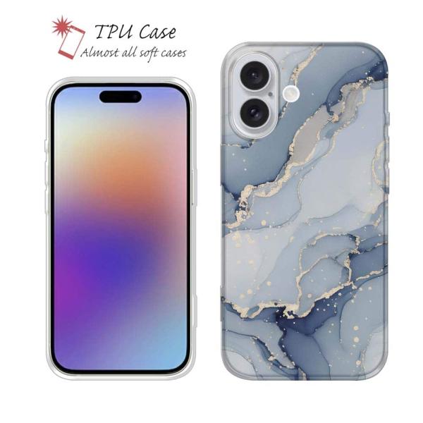 ソフトケース 花柄 スマホケース TPU くすみカラーマーブル調 ブルー＆ゴールド iPhone18 Pro Max iPhone 17e 16e Xperia Galaxy AQUOS Pixel