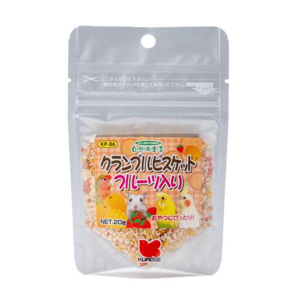 黒瀬ペットフード　自然派宣言 クランブルビスケット フルーツ入り ２０ｇおいしいビスケットを食べ易く砕いたおやつです。いちご顆粒、マンゴー顆粒をトッピングしました。---対象---小鳥全般、ハムスター等---原材料---小麦粉、砂糖、ショー...