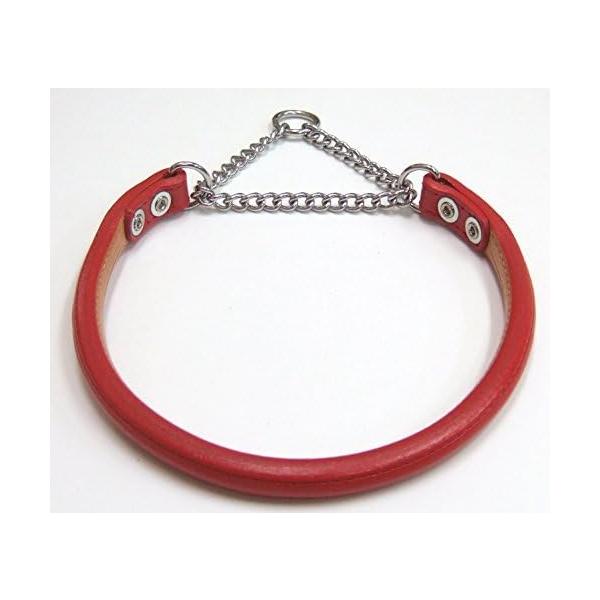 岡野製作所　ロールチョーク #35 レッド本革を二枚縫い合わせた丸型の毛切れが少ないハーフチョーク。天然牛皮製なので静電気が起こりにくい!---対象---小型犬適応体重：10kg以下---材質---牛皮革・鎖ステンレス---サイズ---首回...