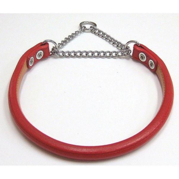 岡野製作所　ロールチョーク #40 レッドしつけ用カラー。本革を2枚縫い合わせた丸首輪タイプのハーフチョーク。---対象---小型犬---材質---ステンレス・牛皮革---サイズ---首回り：約30〜38cm・リニューアルに伴い、商品パッケ...