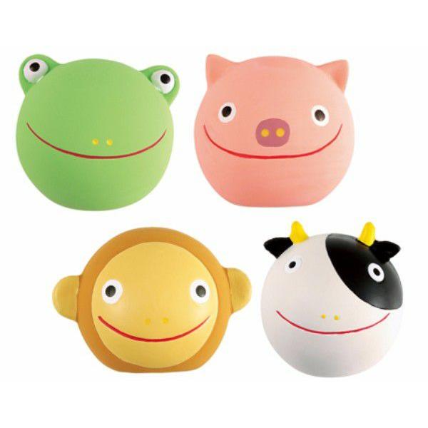 ペティオ　アニマルボール １個※種類はおまかせです。お選びいただけません。※１個単位での販売です。サル、ウシ、カエル、ブタの形のかわいいボール型のおもちゃです。やわらかいラテックス製で噛みごたえバツグンです。ピューピューと鳴る笛が入っており...