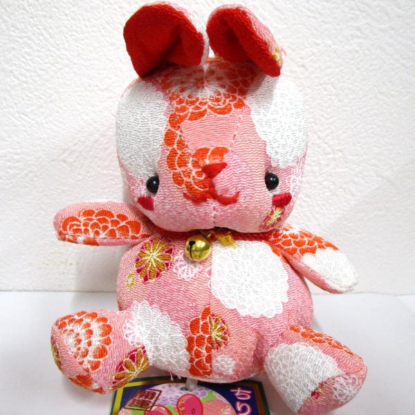 汎用うさぎ　ぬいぐるみセット カラビナ付 3点セット 当時物 レア 和柄ちりめんうさぎ ぬいぐるみ（大） 桃色・菊柄 : Animaux mignons