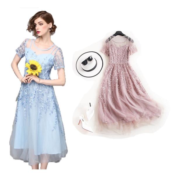 ドレス ミモレ丈 ワンピース S 3l 予約 半袖 袖あり 結婚式 透け感 レース シースルー リーフ柄 刺繍 ロング ひざ下丈 シフォン ピンク 水色 S M L 2l Ats Buyee Servicio De Proxy Japones Buyee Compra En Japon