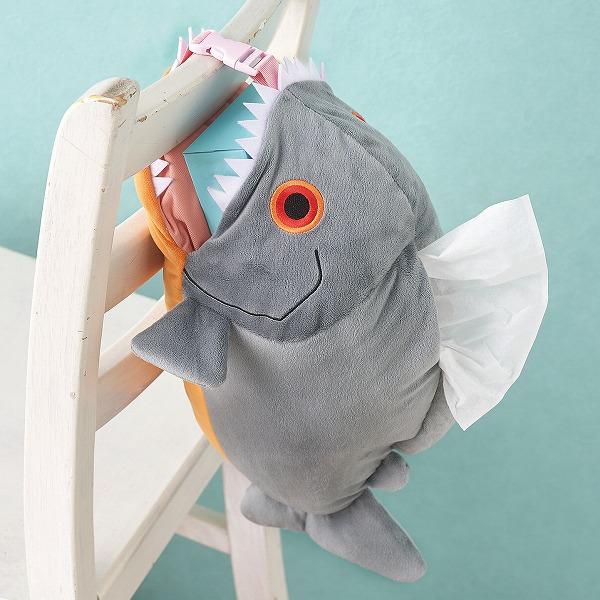 ハンドメイド✁︎✁︎ ボックスティッシュカバー  ペールカラーの動物／ブルーグレー ティッシュケース ピラニア 動物 魚 F23-0411 ボックスティッシュ