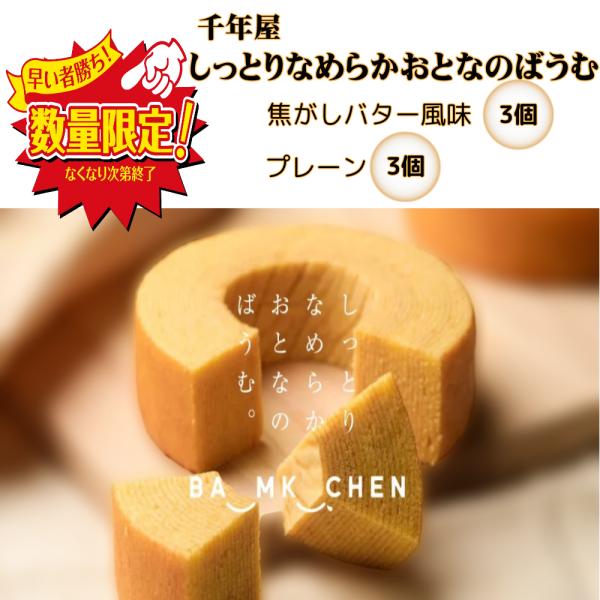 千年屋 しっとりなめらかおとなのばうむ バウムクーヘン 2種 各3個 洋菓子 個包装 小分け お試し ポイント消化 焦がしバター風味 プレーン