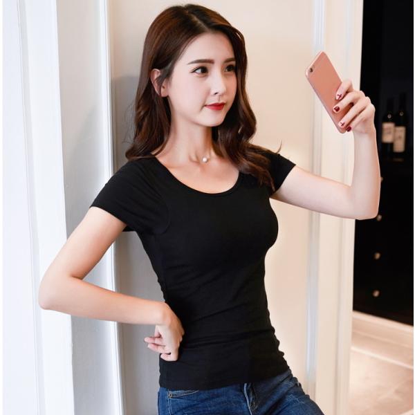 ブラトップ カップ付き インナー 半袖 Tシャツ 美バストでシンプルデザイン/ノンワイヤー着やすいブラトップTシャツ