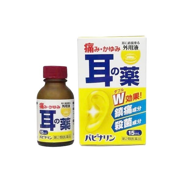 パピナリンは、アミノ安息香酸エチルおよびプロカイン塩酸塩の鎮痛作用、フェノール、アクリノール水和物およびホモスルファミンの殺菌作用などにより、耳鳴、耳漏、耳掻痒、耳痛、外聴道炎、中耳炎に効果を発揮します。○耳の中に直接塗る液体タイプ○付属品...