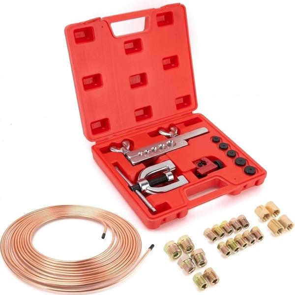 ブレーキラインチューブキット 3/16インチ 4.76mm 25フィート 銅メッキ ブレーキパイプ フレアツール チューブカッター付き ダブルフレア対応 補修