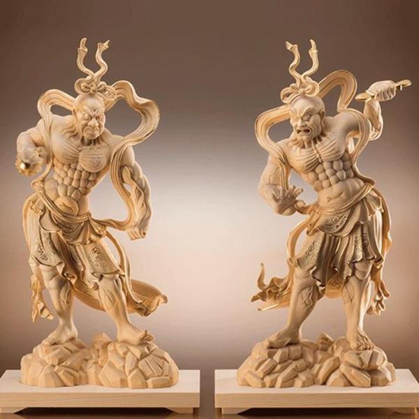 木彫仏像 仏教美術 精密細工 金剛力士像 仏師手仕上げ品 高さ20cm 仏教美術 葉偉混作 木彫 金剛力士像 二尊一組 特大 金彩 木箱入