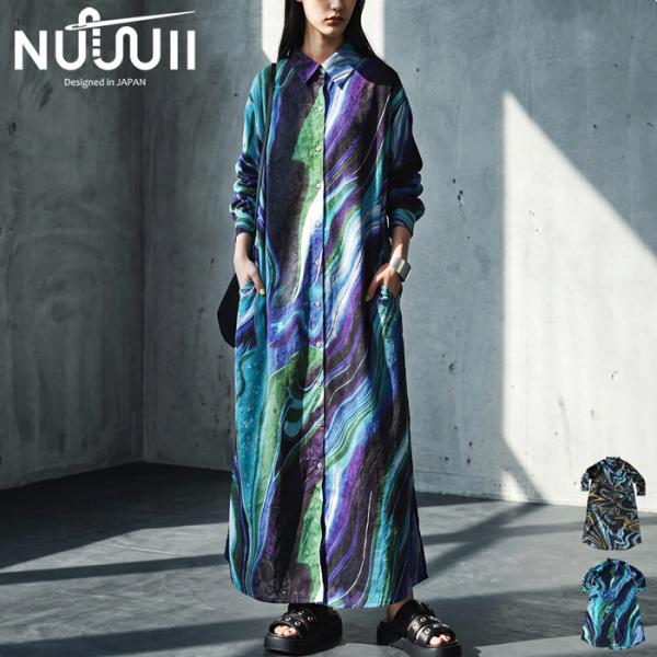 美品 近年モデル ロング シャツ ワンピース 大きめサイズ antiqua（アンティカ） アート柄 シャツワンピース レディース 長袖