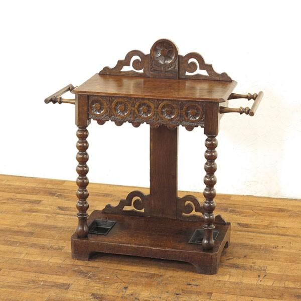 【ホールスタンド】英国　ステッキスタンド　ベンチ収納　傘立て　アンティーク◎ 英国らしい紳士のアンティークホールスタンド、ベンチ付の