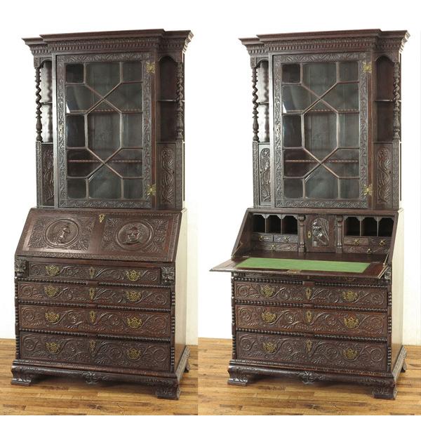 アンティーク風ビューロー 彫刻装飾付き 1880年頃 ブックビューロー 華やかな装飾 素晴らしい彫刻 机 イギリス