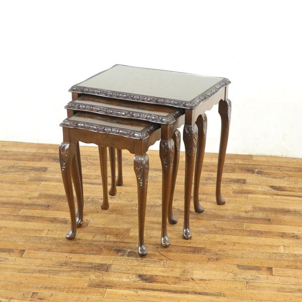 イギリスアンティーク｜ガラストップ｜ネストテーブル3点セット