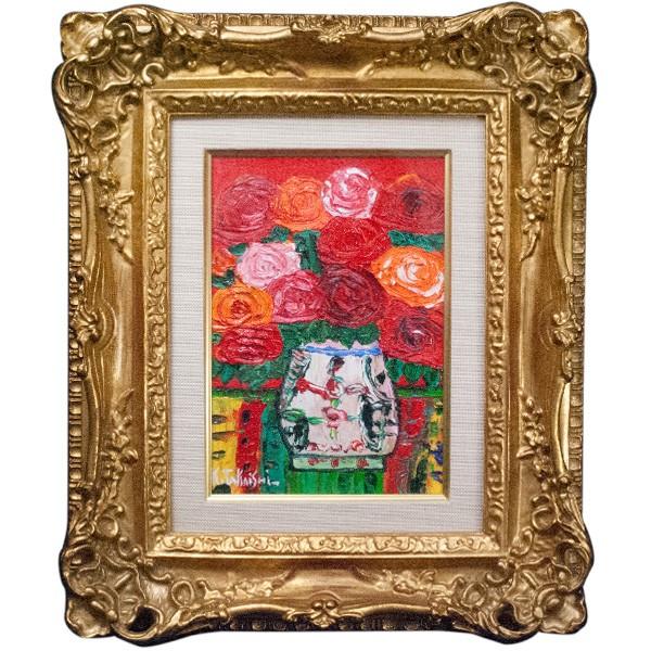 カントリー雑貨　コーハウス　アンファン　絵画　額(赤) 高石国夫 「赤いバックのバラ」 油彩 SM : アンティーク慈光 - 通販