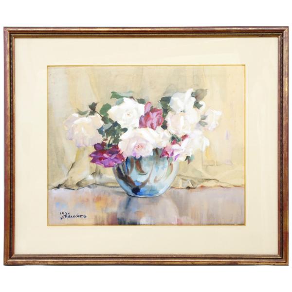 印象派　肉筆画　【薔薇】直筆さいんあり 松本慎三 薔薇 肉筆 水彩画 1930年 8号相当 額装 p-134 : アンティーク