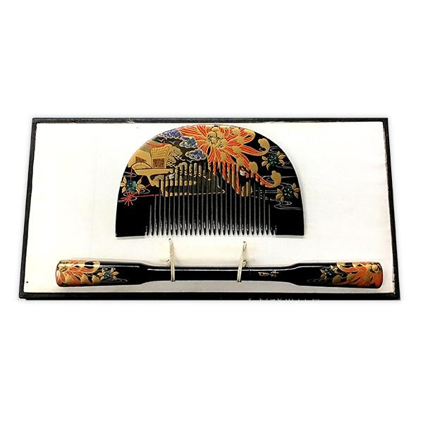 櫛 笄 金蒔絵 漆塗 御所車花文様 松月銘 和装小物 : アンティーク慈光
