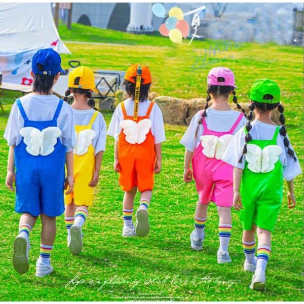 子供 ダンス 衣装 サロペット 膝丈 ショート丈 パンツ ツナギ服 カラフル 背中に白いエンジェル翼付き かわいい 天使 キッズ ユニセックス サロペット オールイ
